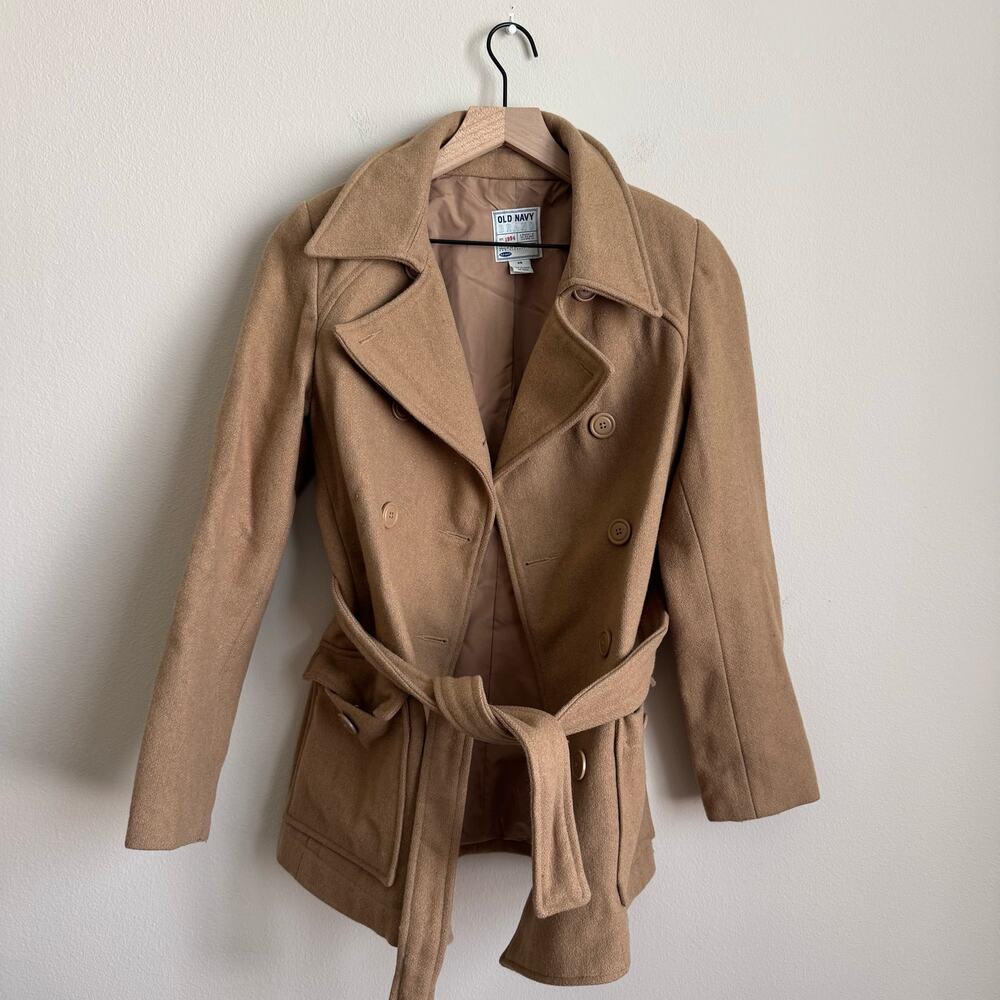 Old Navy Womens Tan Wool Blend Pea Coat Jacket Tie Double Breast Size XS Belted